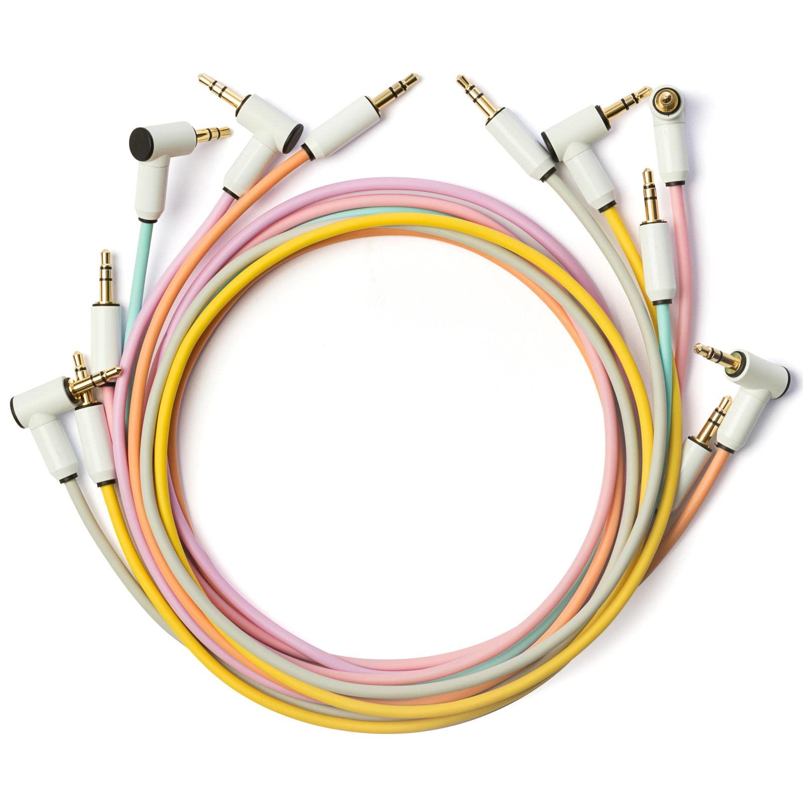MyVolts Candycord audio cables, 6-pack, straight mini jack to angled mini jack, 70cm, colours: Sunset Peach, Marshmallow Pink, Jellybean Purple, Powder Grey, Mint Green, Pineapple Yellow