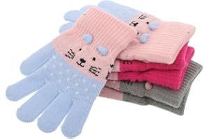 Beavorty 3 Pairs Warm Knitted Gloves with Cute Cat Pattern Soft Full Finger Mittens for winter Boys Years Flexible
