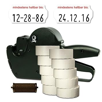 Set: MHD Datum Etikettierer Jolly C8 für 26x12 inkl. 15.000 HUTNER Etiketten weiss permanent-Aufdruck: mindestens haltbar bis