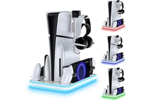 PS5 Cooling & Charging Station with RGB Stand – Organises Controllers, Portal, Headset – Quiet Turbo Fan with LED Indicators 