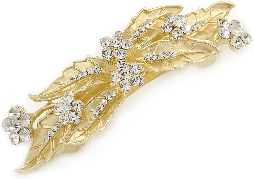 Bright Gold Tone Matt Diamante Leaves & Flowers Barrette Hair Clip Grip - 95mm Across, white / ivory, gold