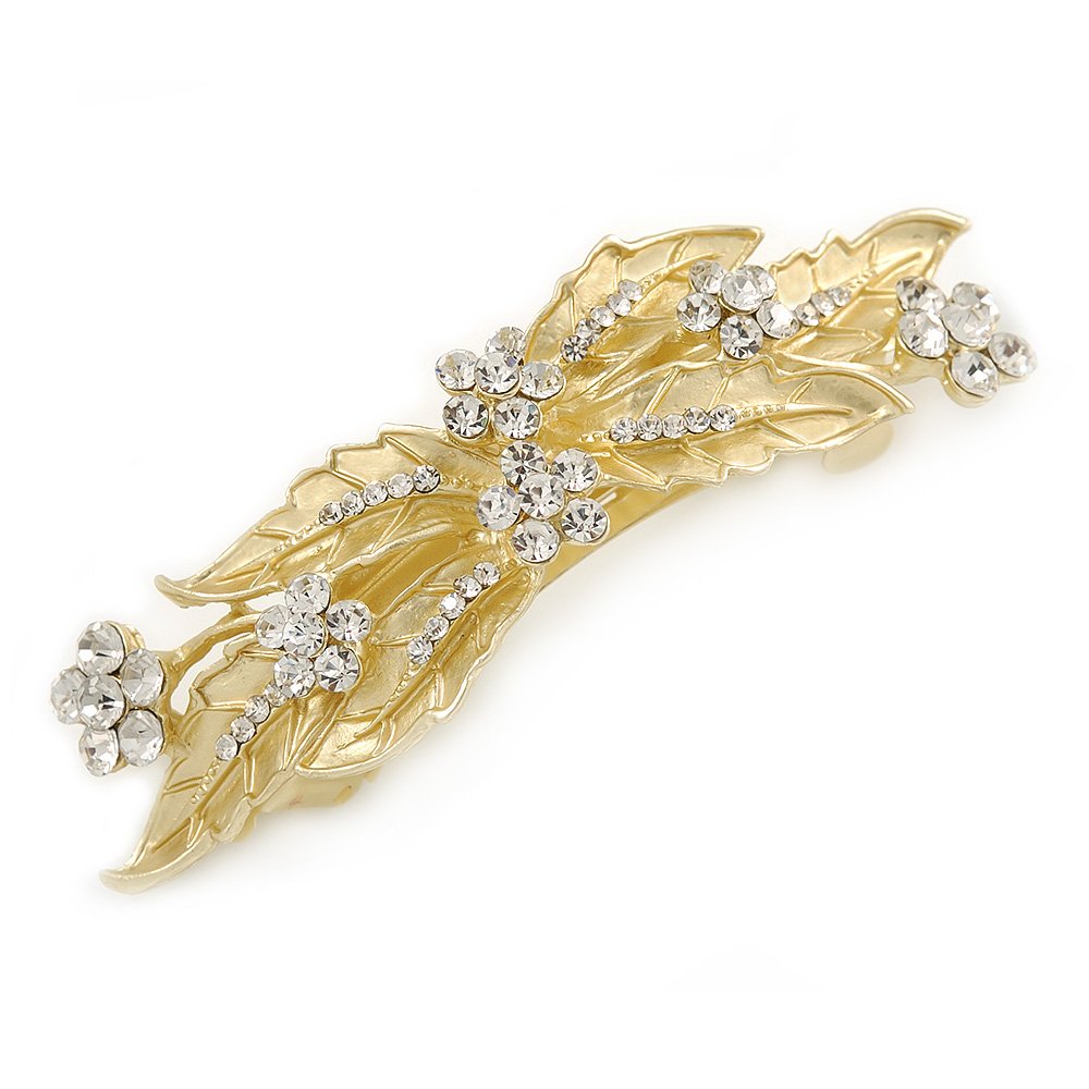 Bright Gold Tone Matt Diamante Leaves & Flowers Barrette Hair Clip Grip - 95mm Across