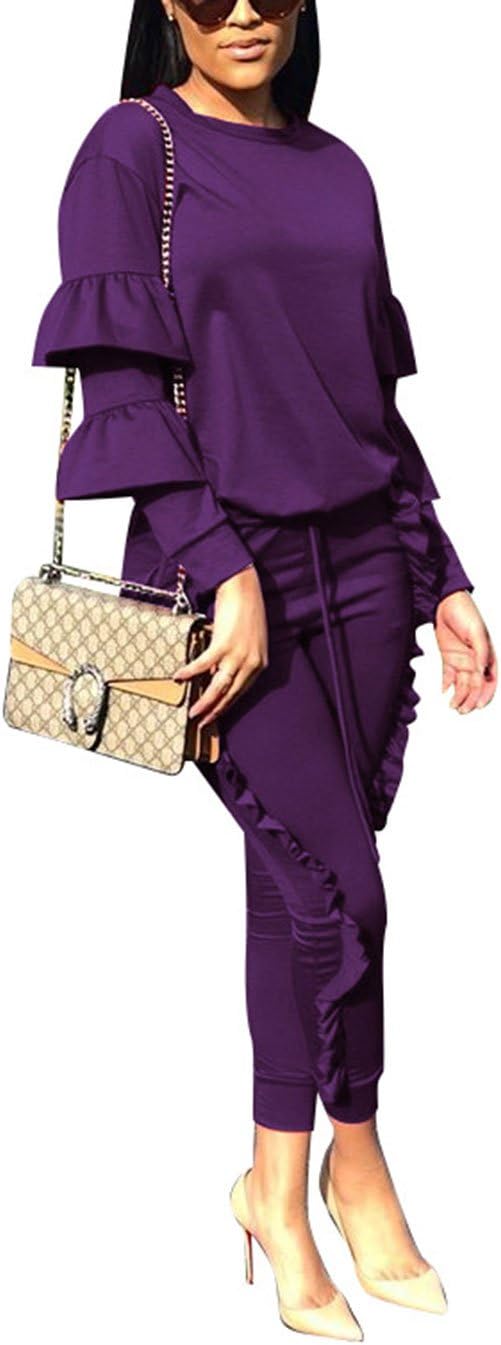 KANSOONWomen 2 Pieces Outfits Puff Sleeve Top and Long Flounced Pants Sweatsuits Set Tracksuits
