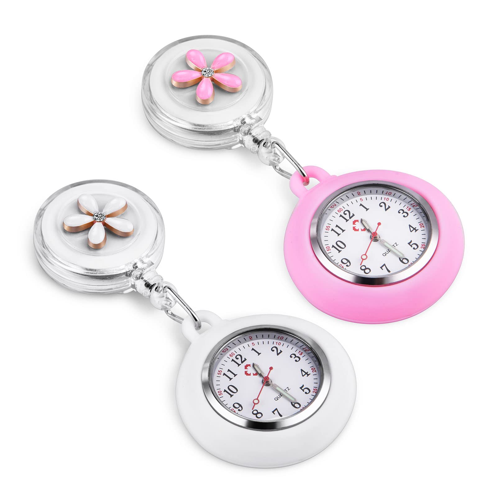Vicloon Retractable Nurse Watch, 2 Pcs Clip-on Hanging Nurse Fob Watch, Luminous Lapel Watches with Cute Flower Pattern and Silicone Cover for Doctors, Paramedics, Nurses