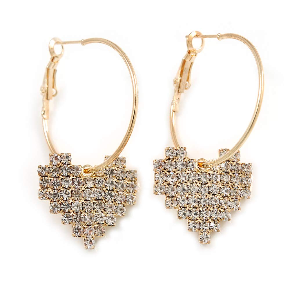 30mm L/Medium Hoop Earrings with Crystal Heart/Gold Tone Metal