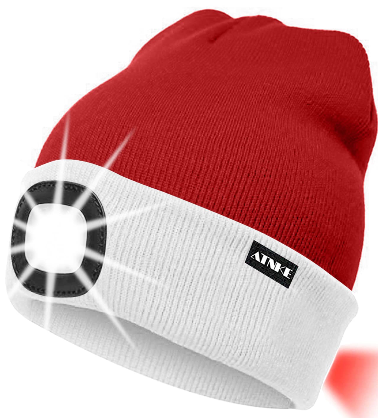 ATNKE 8LED Lighted Knit Hat,USB Rechargeable Running Headlamp Cap Ultra Bright Waterproof Light Lamp and Flashing Alarm Red Tail Light Multi-Color (White/Red Christmas)