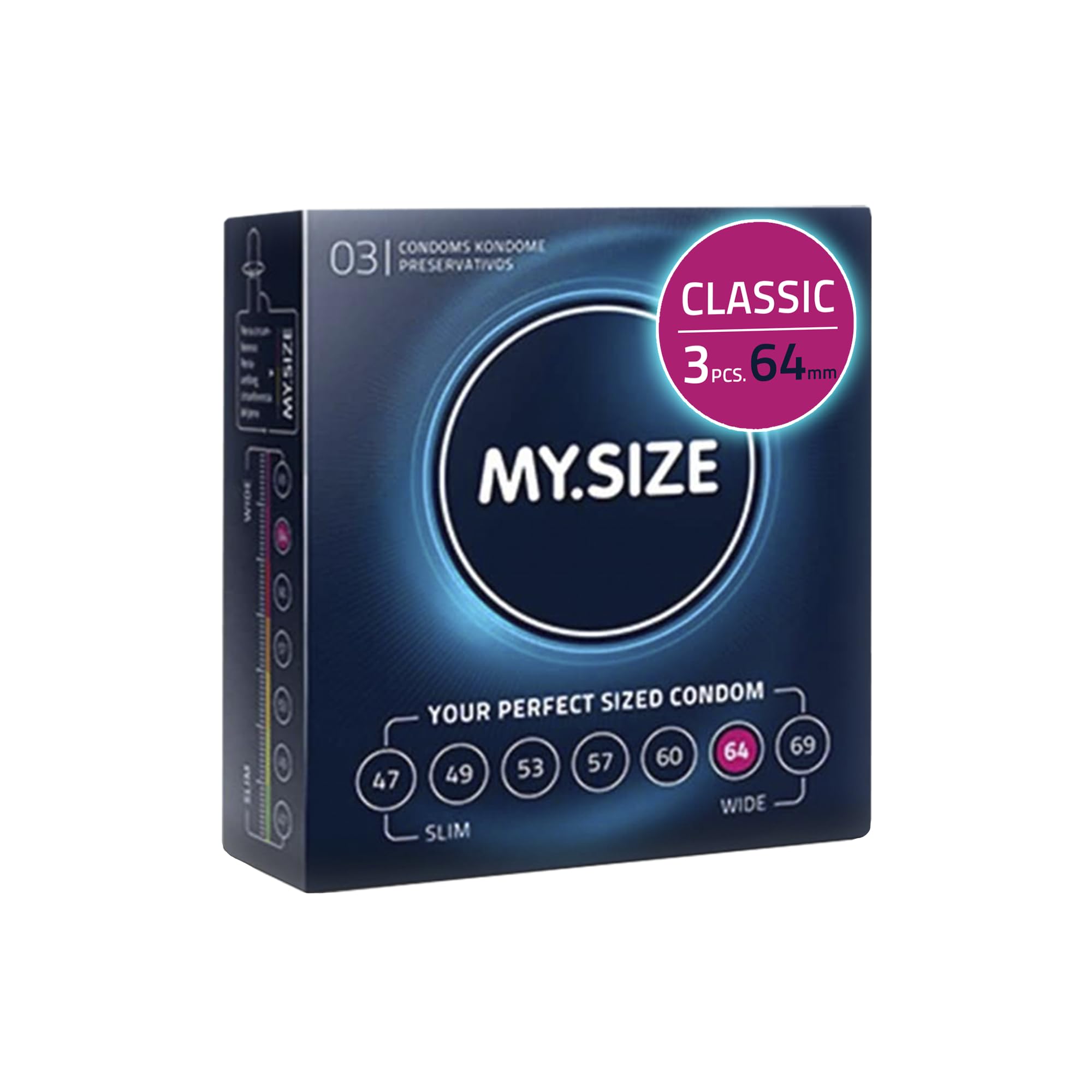 MY.SIZE Classic Condoms Size 6 I 64 mm Width I 3 Pieces Trial Pack I Premium Condom Extra Thin I Kondoms True to Touch Gossamer I Thin 0.07 mm wall Thickness I Vegan I for Men