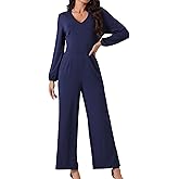Seta T Women's V Neck Long Sleeve High Waist Wide Leg Casual Jumpsuits with Pockets