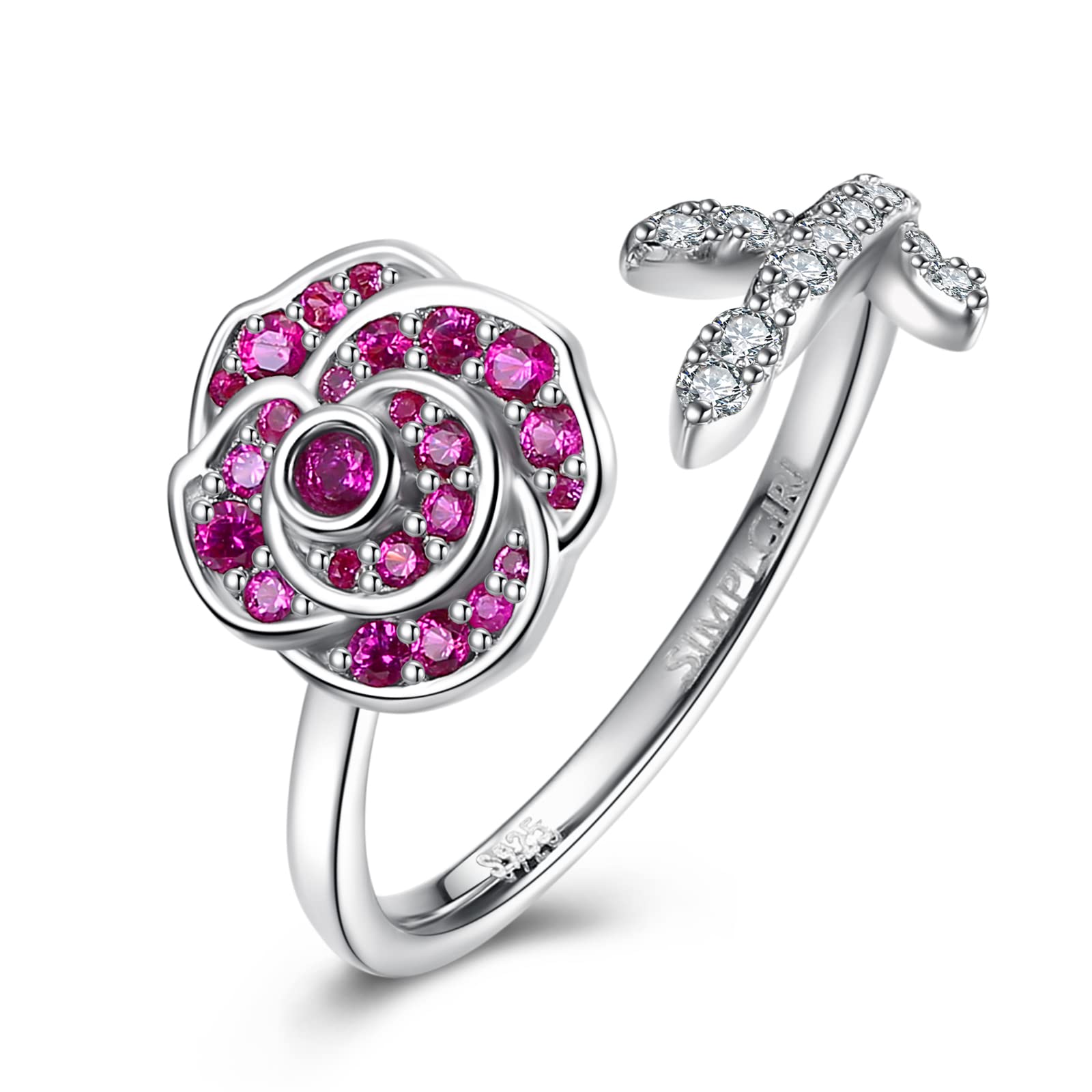 SIMPLGIRL 925 Sterling Silver Anxiety Spinner Fidget Rose Flower Ring for Women Girls Fidget Rings for Anxiety Spinning Adjustable Spinner Band Ring Jewelry Gifts