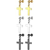 Cupimatch 3 Pairs Cross Dangle Stud Earrings Set for Men Women,Black Gold Silver Ear Pierced Stainless Steel Earrings Jewelry