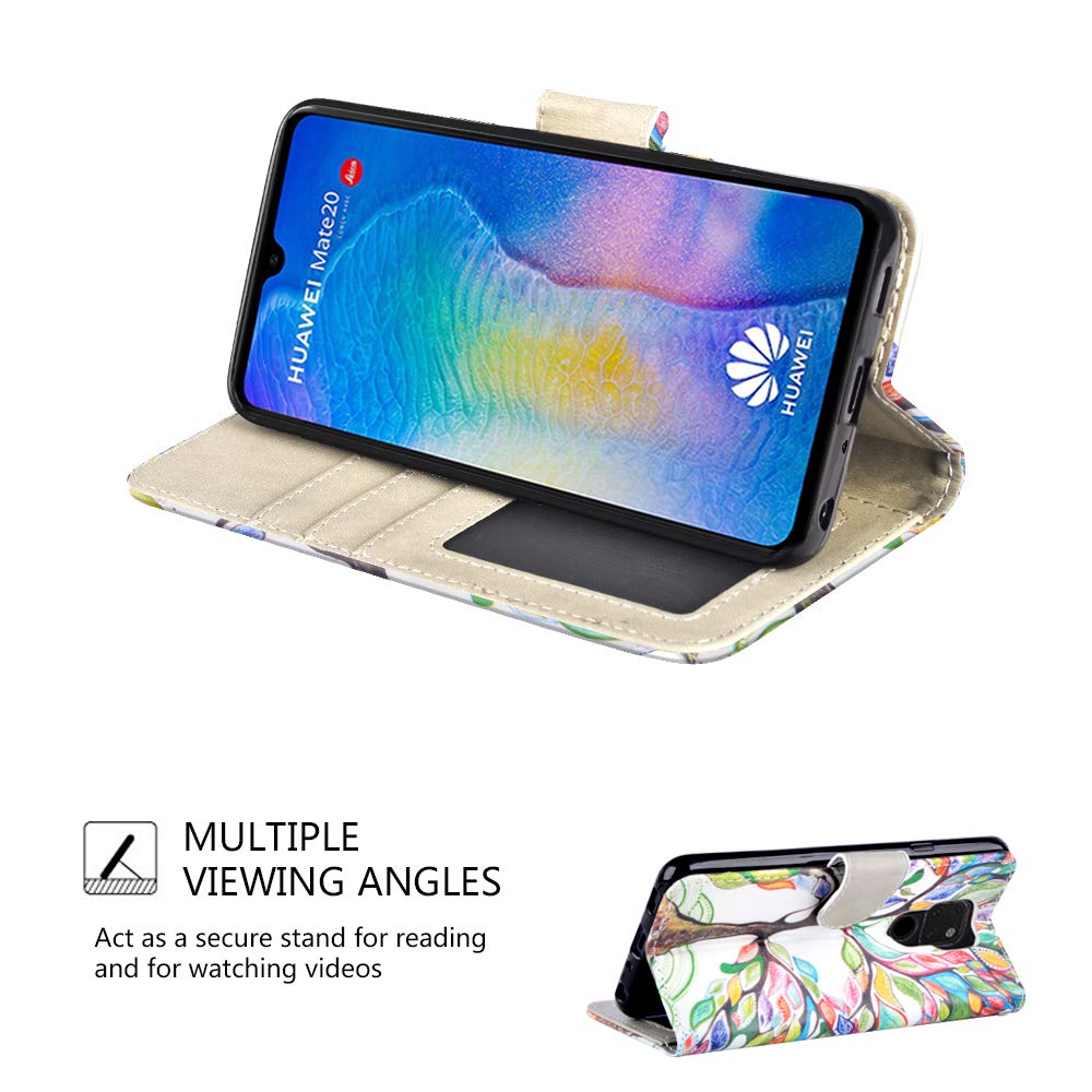 RusseryPek Huawei Mate 20 Case, Wallet Folio Flip Premium PU Leather Case Cover with Card Holder Slot Pockets,Wrist Strap,Kickstand,Magnetic Closure for Huawei Mate 20, Love Tree