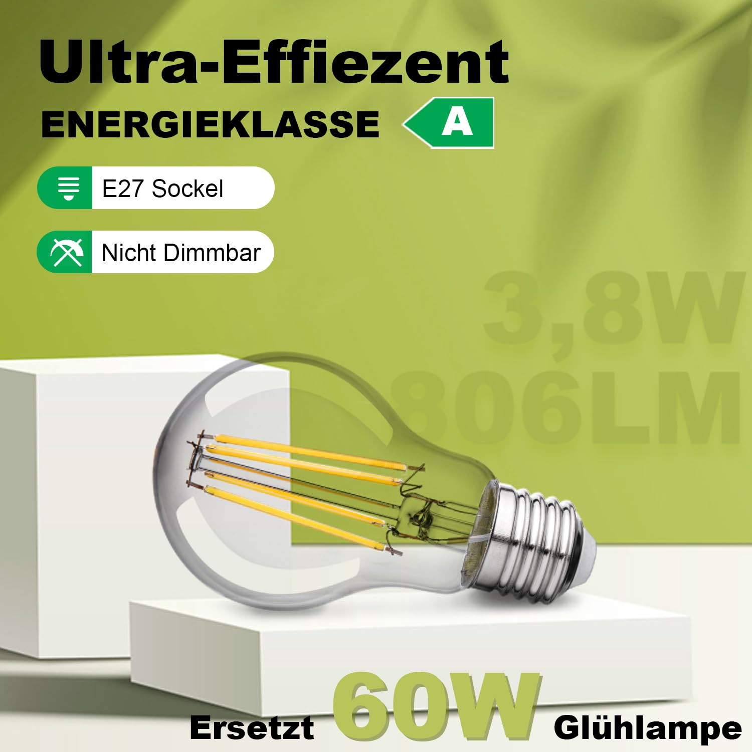 E27 LED Energieklasse A Glühbirne, 3.8W 806LM 3000K Warmweiß, 6 Stück 2
