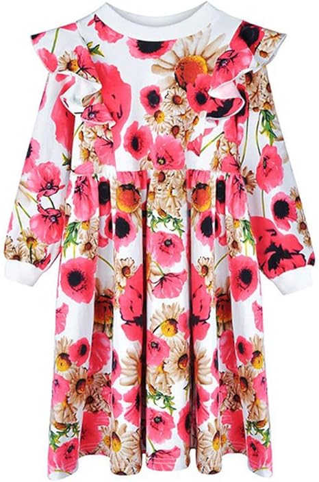 Vestido para Niña Algodón Ropa Ruffle Mangas Largas Perro Floral ...