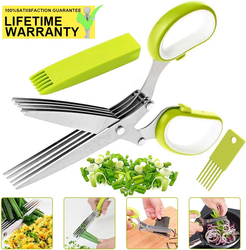Herb Scissors,VIPMOON Multipurpose Kitchen Cutting Shear with 5 Stainless Steel Blades and Safety Cover