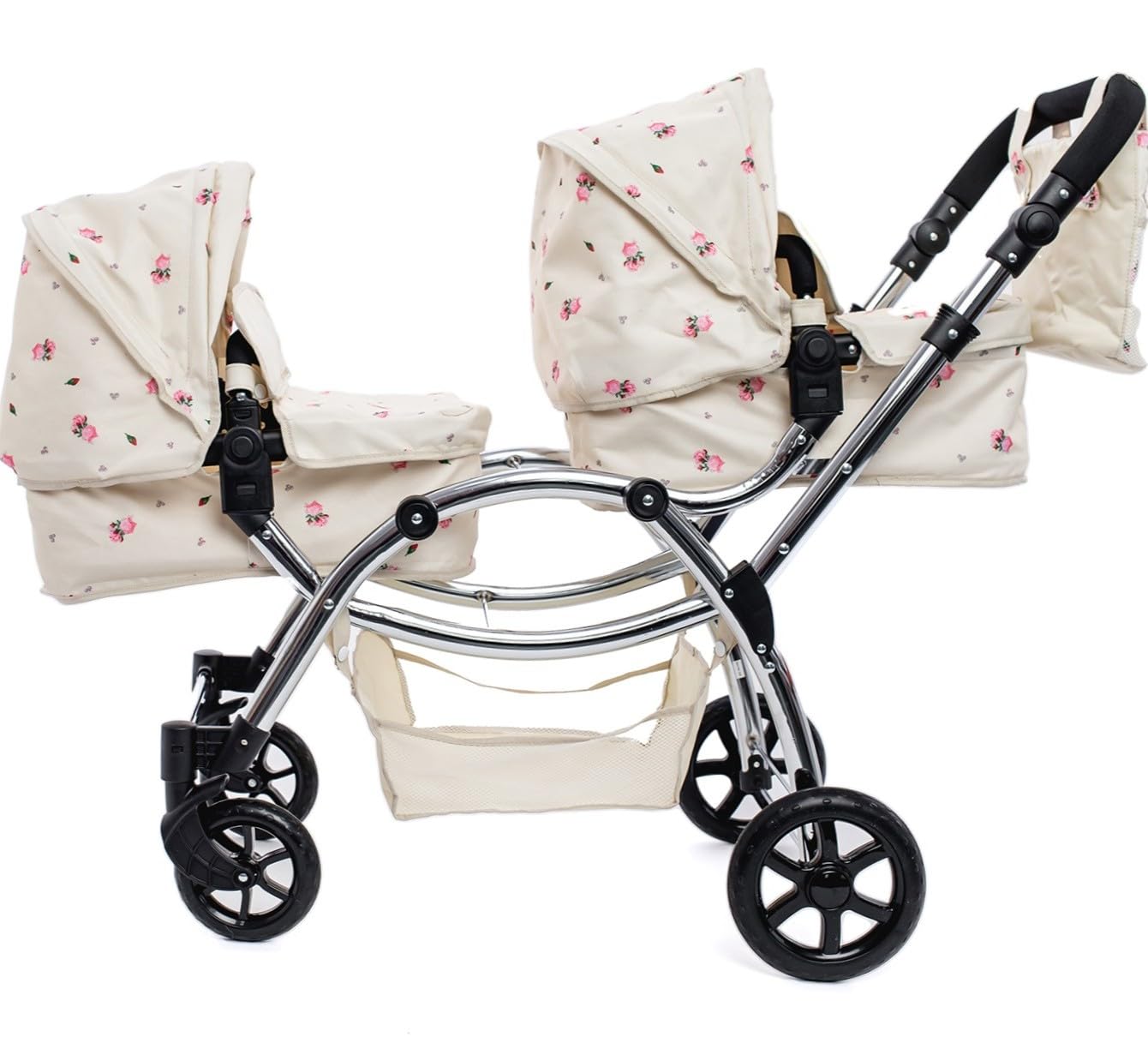 Roma Twin Dolls Pram - Realistic Double Dolls Pushchair for Ages 3-16, Adjustable Handle, 16 Combinations, Ideal Toy Pram for Reborn Dolls, Includes Bag & Basket (Darcie Cream)