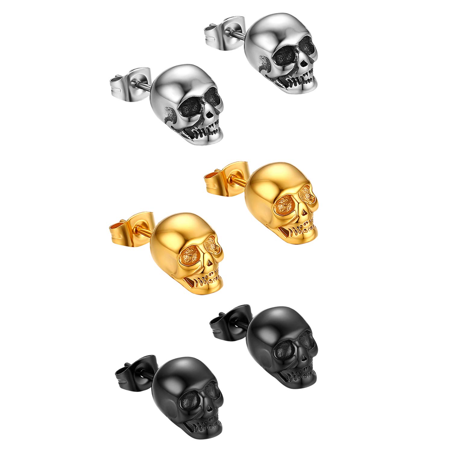 2 Pairs Punk Stainless Steel Stud Skull Earrings,Cupimatch Mens Silver Black Rock Ear Piercing Earrings (Gold Black Silver)