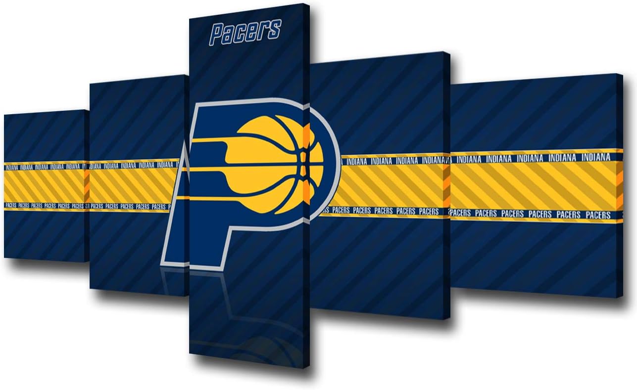 Indiana Pacers NBA Team Logo Framed Wall Art Decor Modern Art Paintings 5 Pieces Canvas Home Decoration Wall Picture Home Artwork Basketball Sports Prints and Poster Ready to Hang - 50''Wx24''H