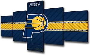 Indiana Pacers NBA Team Logo Framed Wall Art Decor Modern Art Paintings 5 Pieces Canvas Home Decoration Wall Picture Home Artwork Basketball Sports Prints and Poster Ready to Hang - 50''Wx24''H