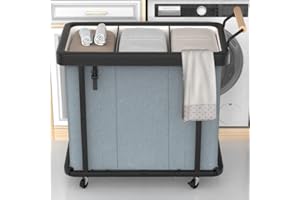 ELOWEN 60 Gal (230L) Laundry Hamper 3 Section with Lid, Leather Patchwork Laundry Sorter with Rolling Lockable Wheels and Handle, Laundry Basket Organizer for Laundry Room, Bedroom and Bathroom (Gray, 230L)