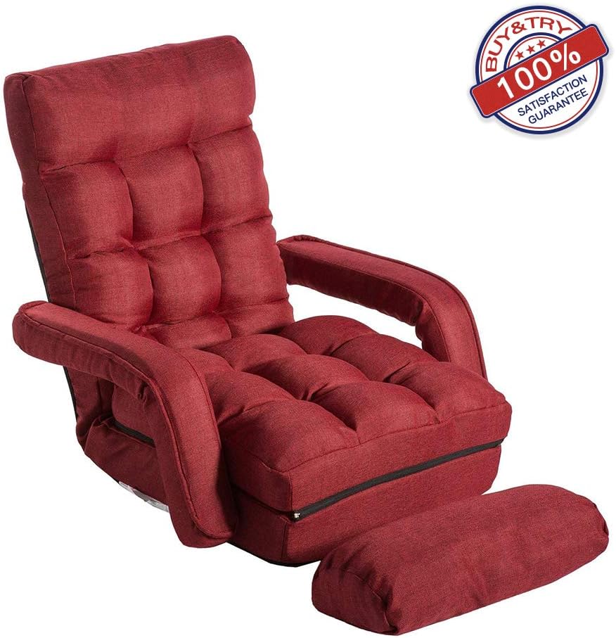 Folding Lazy Sofa Floor Lounger Bed Padded Gaming Chair with Armrests and Pillow for Living Room Games & Reading, Red
