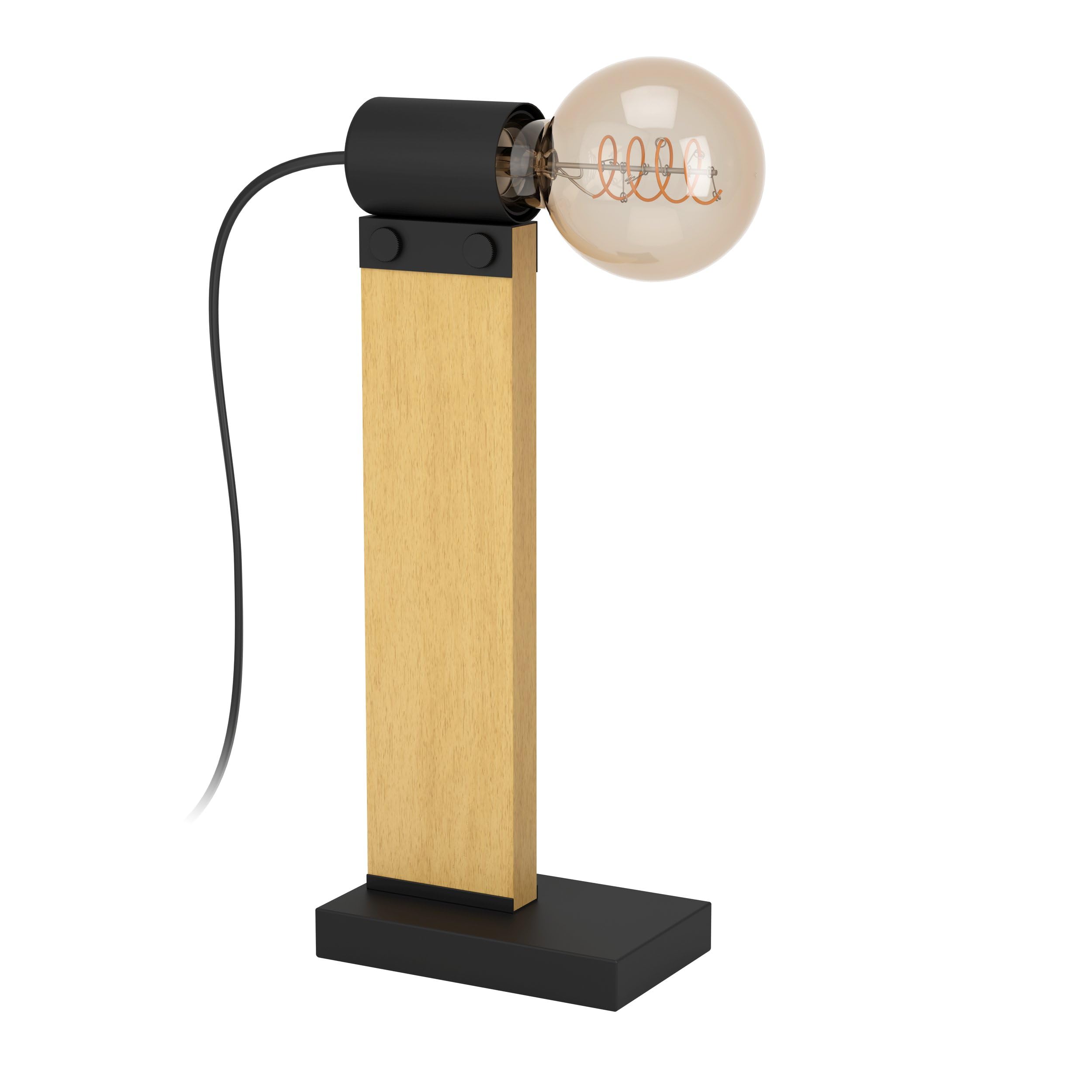 Eglo Bedside lamp Bailrigg, Decorative Light Fixture, Living Room and Bedroom Lighting, FSC100HB, Black Metal and Natural Coloured Wood, E27 Socket, 13 in