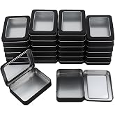 Goodma Rectangle Metal Tins with Hinged Window Lids, Black, 24 Pieces | Hinged Window Lids, Mini Storage Organizer Set, For Home Kitchen, Office and School Supplies