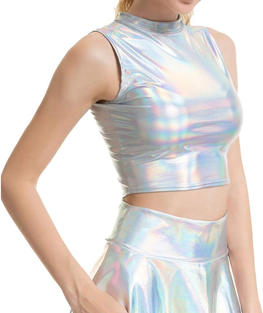 Mxssi Women Wetlook Metallic Sleeveless Turtleneck Crop Top for Rave Club Dance Holographic Liquid Leather Tank Top
