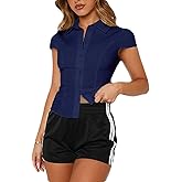 Women's Y2K Button Down Short Sleeve Shirt Slim Fitted Turn Down Collar Solid Color Business Casual Tops