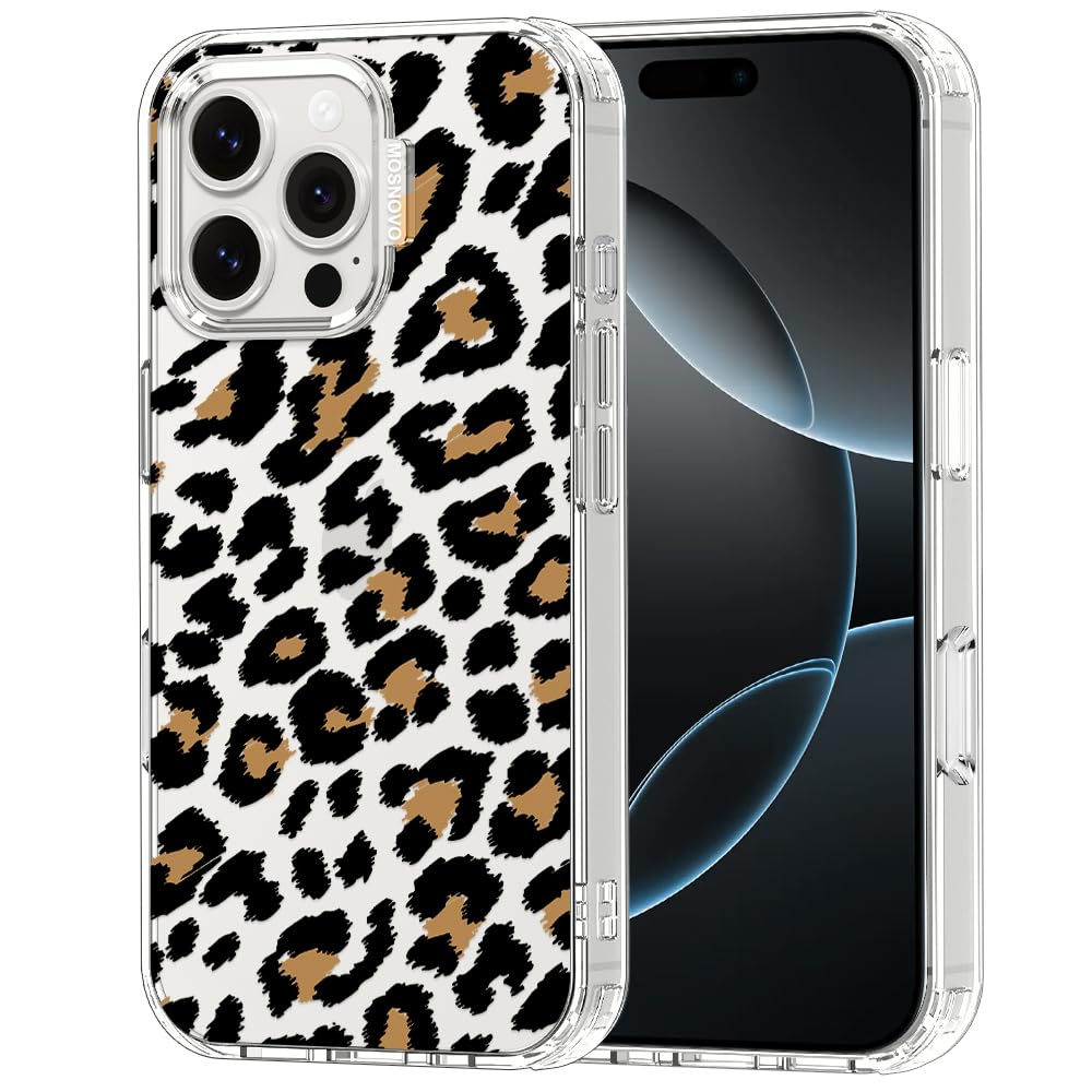 MOSNOVO Case for iPhone 16 Pro Max, [Buffertech 6.6ft Military-Grade Drop Protection] [Anti Peel Off Tech] Clear TPU Bumper Phone Case Cover Design - Leopard Print