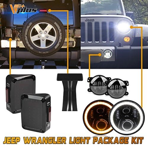 (7PCS) 7 inch LED Headlights Daymaker Halo High Low Beam + Rear Tail Stop Lights Assembly + Third Brake Light Smoke + 4inch Fog Lights Cree 30W Replacement for 07-17 Jeep Wrangler & Wrangler Unlimited