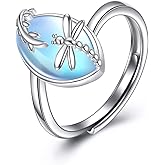KZX Drangonfly Ring Sterling Silver Moonstone Ring Adjustable Dragonfly Jewelry Gifts for Women Wife