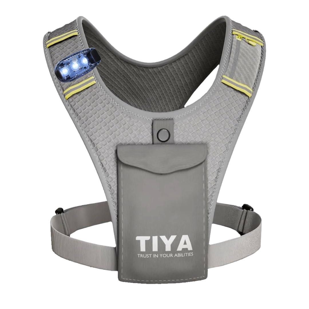 TIYA Running Vest Phone Holder with Light | Waterproof | Touchscreen Compatible | No-Bounce | Reflective | Ultra-Lightweight | Running Accessory for Men & Women | Grey