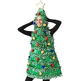 YUWETAO Women Christmas Tree Costume Sleeveless Hooded Dress with Colorful Ball Green Tinsel Adults Holiday Cosplay Outfit