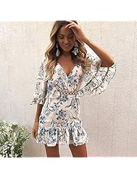 ECOWISH Vestido de mujer con estampado floral, cuello en V, volantes, mangas cortas, bohemio, mini vestido