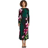Maggy London Womens Elegant Floral Midi Bodycon Dress - Long Sleeve Cinched Waist - Wedding Guest Cocktail Garden Dress