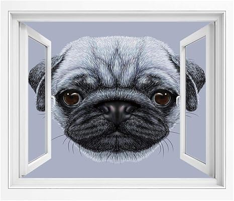 Amazon パグ 壁紙風景画 壁飾り絵 100x70 Cm かわいい巨大な目のリアルなスタイルの詳細な若い犬純血種のパグブルーの背景装飾 はがせるシール式 窓の景色 窓仕様 トリックアート スレートブルー ウォールステッカー オンライン通販