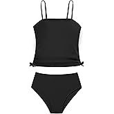 ADIRUN Girls Swimsuit Two Piece Bathing Suit Gingham Tankini Solid Color Bikini Set Drawstring Girls' Swimwear for 9-16 Years