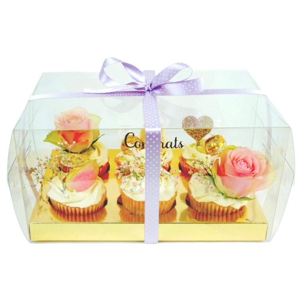 Iconic Baker | Pack of 5 | Clear 6 Cavity Inserts Cupcake Boxes | Tall Transparent Cupcake Dessert Cookie Box Insert in Gold | Fits Muffin & Cupcakes Cases.