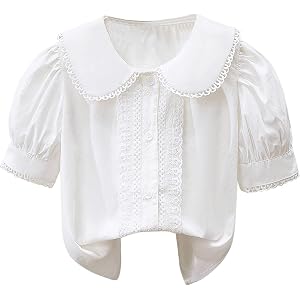 Girls Cotton Shirt Puff Short Sleeve Button Down Lace Trim Collared School Uniform Shirt Breathable Summer Cute Tops