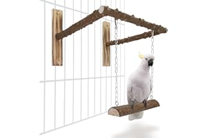 Panbo Natural Wood Bird Swing, Sturdy Parrot Perch Stand Cage Toy – Trims Nails and Beak – Safe for Cockatoo, Eclectus, African Grey, Cockatiel, Conure, Macaw, Other Small or Large Birds – Size L