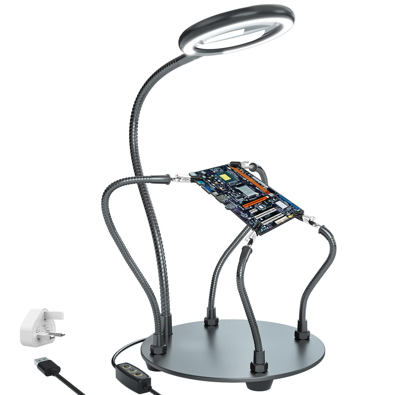 Daylight Magnifying Lamp Helping Hands Soldering Third Hand with 3X Dimmable LED,Magnifying Glass with Light Stand Soldering Holder Heavy Duty Base for Welding Jewelry DIY Crafts Hobbies