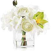 WELL KNOWN Fake Flowers in Vase, Mixed Artificial Flower with Fake Water in Glass Vase Realistic Hydrangea Calla Lily Ranunculus Silk Faux Floral Centerpiece for Coffee Dining Table Office Decor White