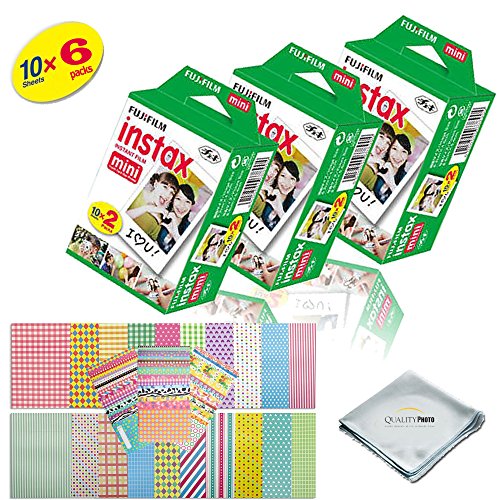 Fujifilm INSTAX Mini Instant Film 2 Pack - 60 SHEETS - (White) For Fujifilm Instax Mini 8 & Mini 9 Cameras + Frame Stickers and Microfiber Cloth Accessories â€¦