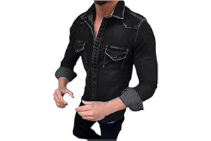CTREELA Distressed Denim Shirt for Men, Vintage Slim Fit Button Down Western Shirts, Washed Long Sleeve Cowboy Shirt