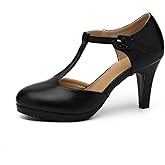 Heiyom Women's Pumps Close Toe Kitten Heels Retro T Strap Mary Jane Comfortable Office Work Dress Shoes Black Matte Pu-42US 9