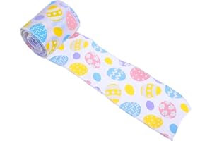 NUOBESTY Easter Wire-edged Grosgrain Ribbon 6.3cm X 5 Yards White Low-color Egg Print for Wrapping and Party