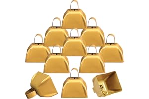 Therwen 12 Pack Metal Cow Bells Noise Makers with Handle 3 Inch Hand Percussion Cowbells Bulk Loud Call Bell for Sporting Events Cheering Football Games Team Spirit Weddings Party Noisemakers (Yellow)