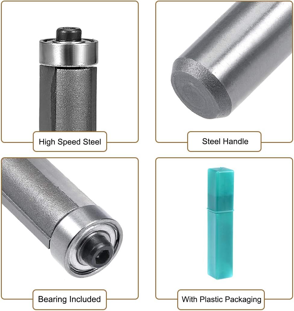 sourcing map Router Bit 1/2 Shank 1/2 inch Cutting Dia. 2 inch Depth Flush Trim Bit with Bearing 2 Flutes HSS for Woodworking Milling Cutter Tool - Image 5