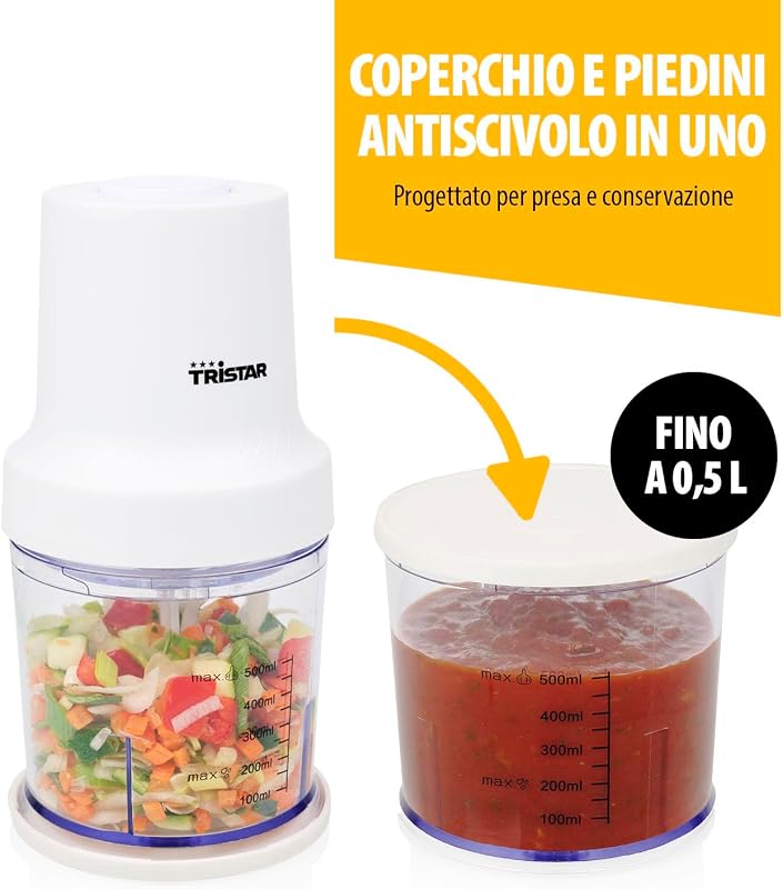 Tritatutto in Acciaio Inox, Motore 400W, 2 Velocità con Turbo, 2 Lame in Acciaio, Ciotola 0.5L, Design Compatto, Parti Lavabili in Lavastoviglie, BL-4023