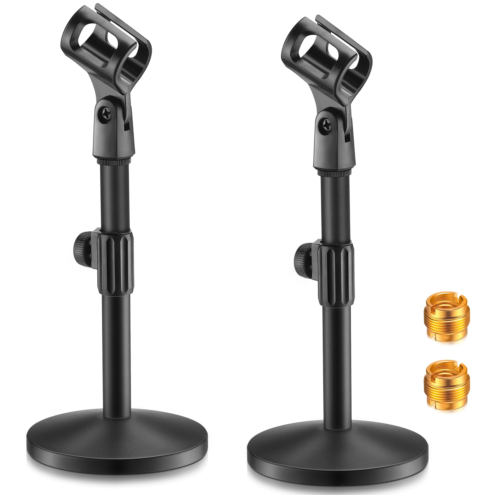 Photo 1 of Hoteam 2 Pcs Desktop Microphone Stand Adjustable Table Mic Stand Mic Clip Mic Stand Desk with 5/8" Male to 3/8" Female Screw Metal Round Base for Table Desk Interviews, Black